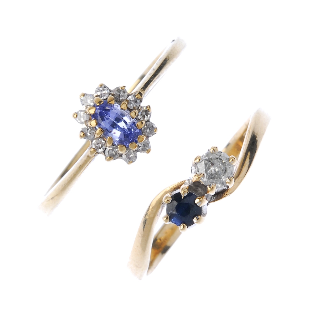 A selection of four 9ct gold diamond and gem-set rings. To include an oval-shape amethyst and