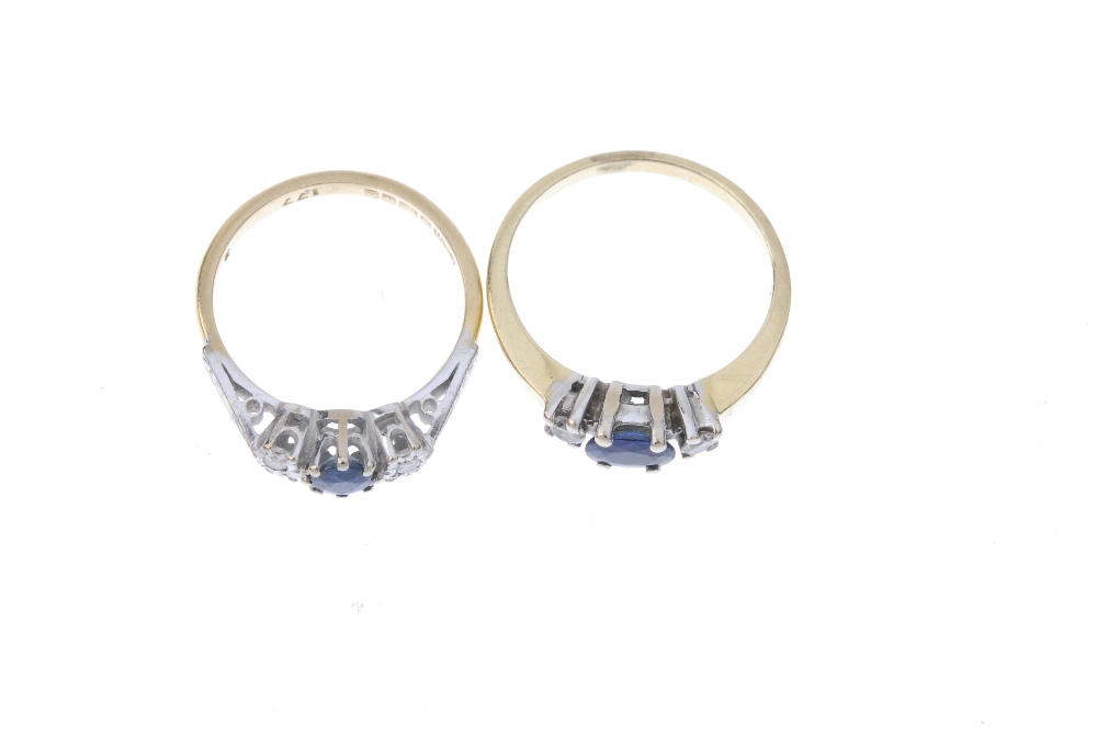 Two sapphire and diamond three-stone rings. To include an 18ct gold circular-shape sapphire and - Image 2 of 4