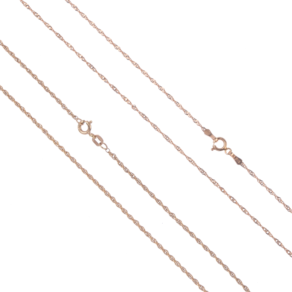 Two chains. Each designed as a rope-twist chain, to the spring clasp. Lengths 48 and 49cms. Total