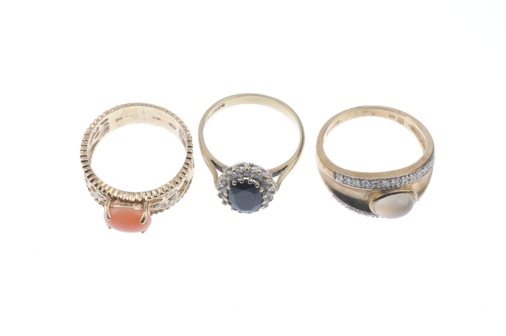 A selection of three 9ct gold gem-set dress rings. To include a sapphire and diamond cluster ring, a - Image 2 of 4