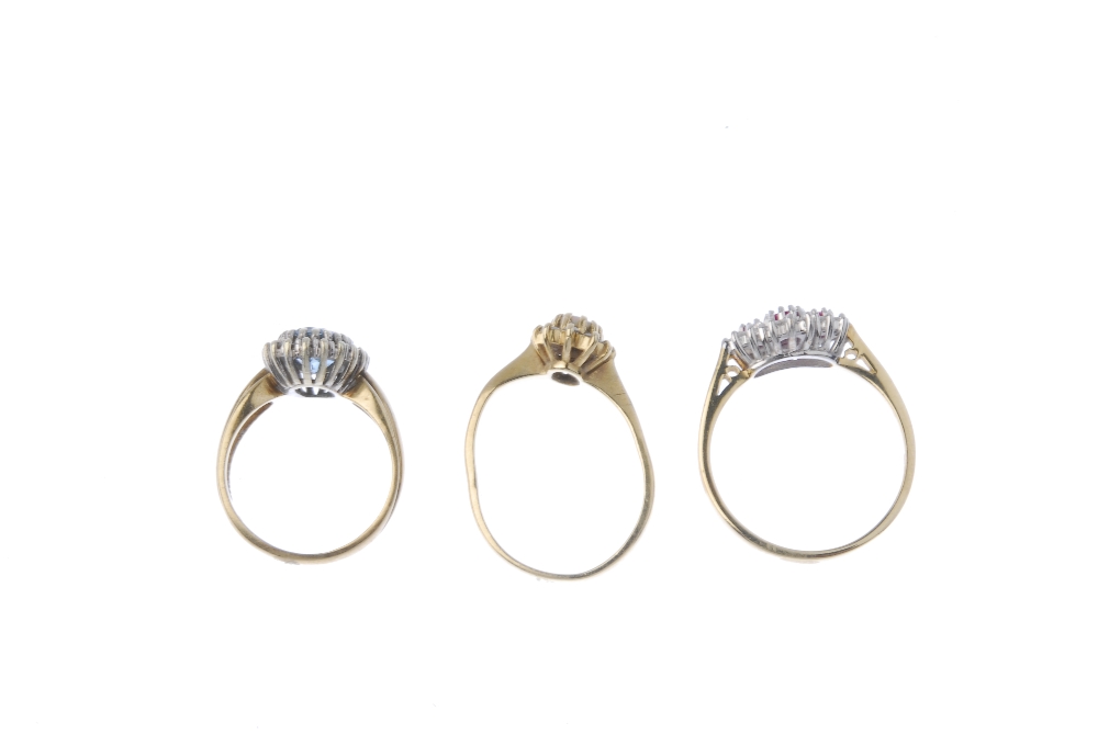 A selection of three 9ct gold diamond and gem-set cluster rings. To include a ruby and diamond ring, - Image 3 of 3