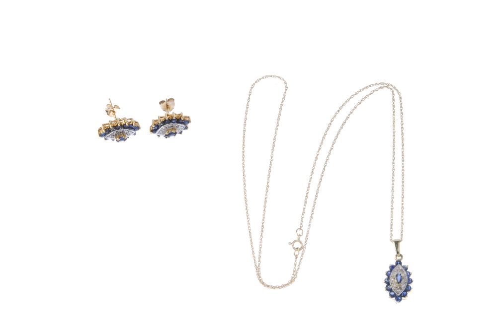 A sapphire and diamond pendant and ear stud set. The pendant designed as a marquise-shape - Image 2 of 2