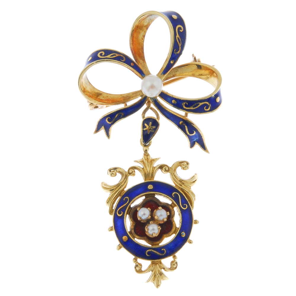 A cultured pearl and enamel brooch. The seed pearl trefoil and red enamel scalloped panel, within