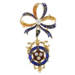 A cultured pearl and enamel brooch. The seed pearl trefoil and red enamel scalloped panel, within