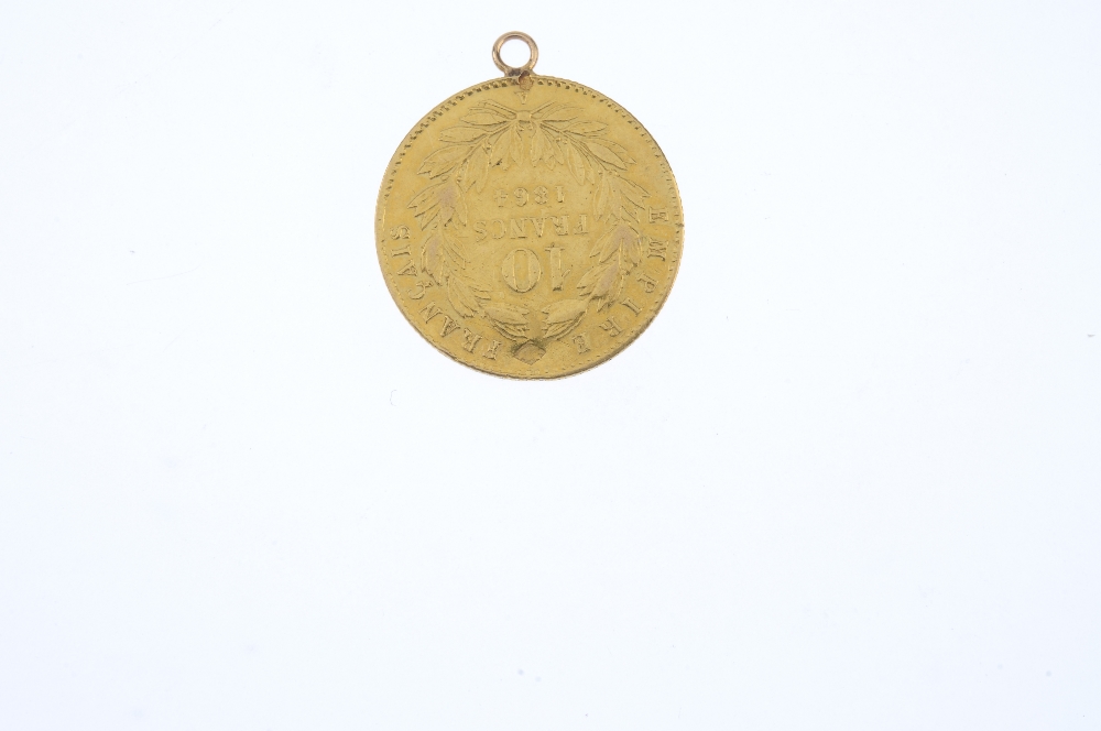 A mounted Napoleon III 10 Franc coin, dated 1864. Length 2.1cms. Weight 3.1gms. Overall condition - Image 2 of 2