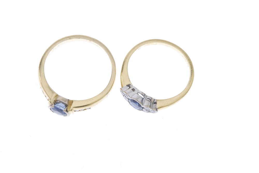 Two 18ct gold sapphire and diamond rings. To include a circular-shape sapphire and single-cut - Image 2 of 4