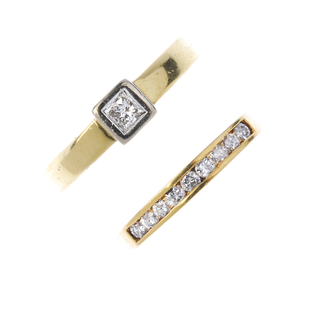 Two 18ct gold diamond rings. To include a brilliant-cut diamond line ring, together with a square-