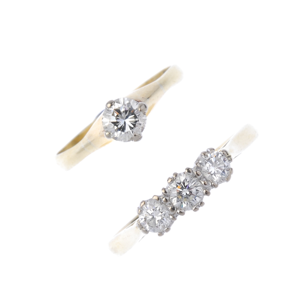 Two 18ct gold diamond rings. To include a brilliant-cut diamond single-stone ring and a brilliant-