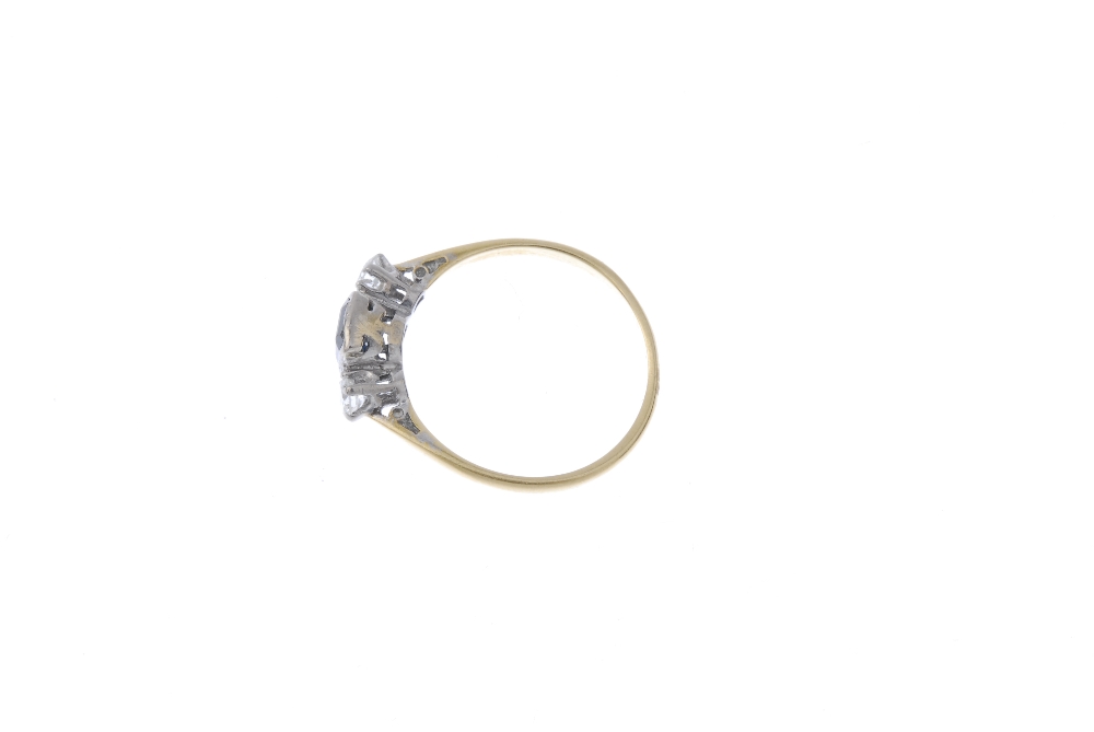 A mid 20th century 18ct gold sapphire and diamond three-stone ring. The square-shape sapphire, to - Image 3 of 4