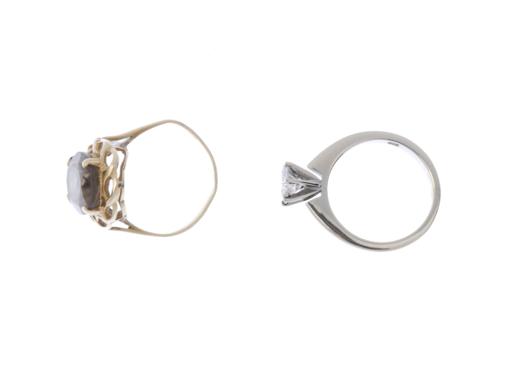 Two gem-set rings. To include, a 9ct gold oval-shape Smokey quartz ring within an openwork surround, - Image 3 of 3