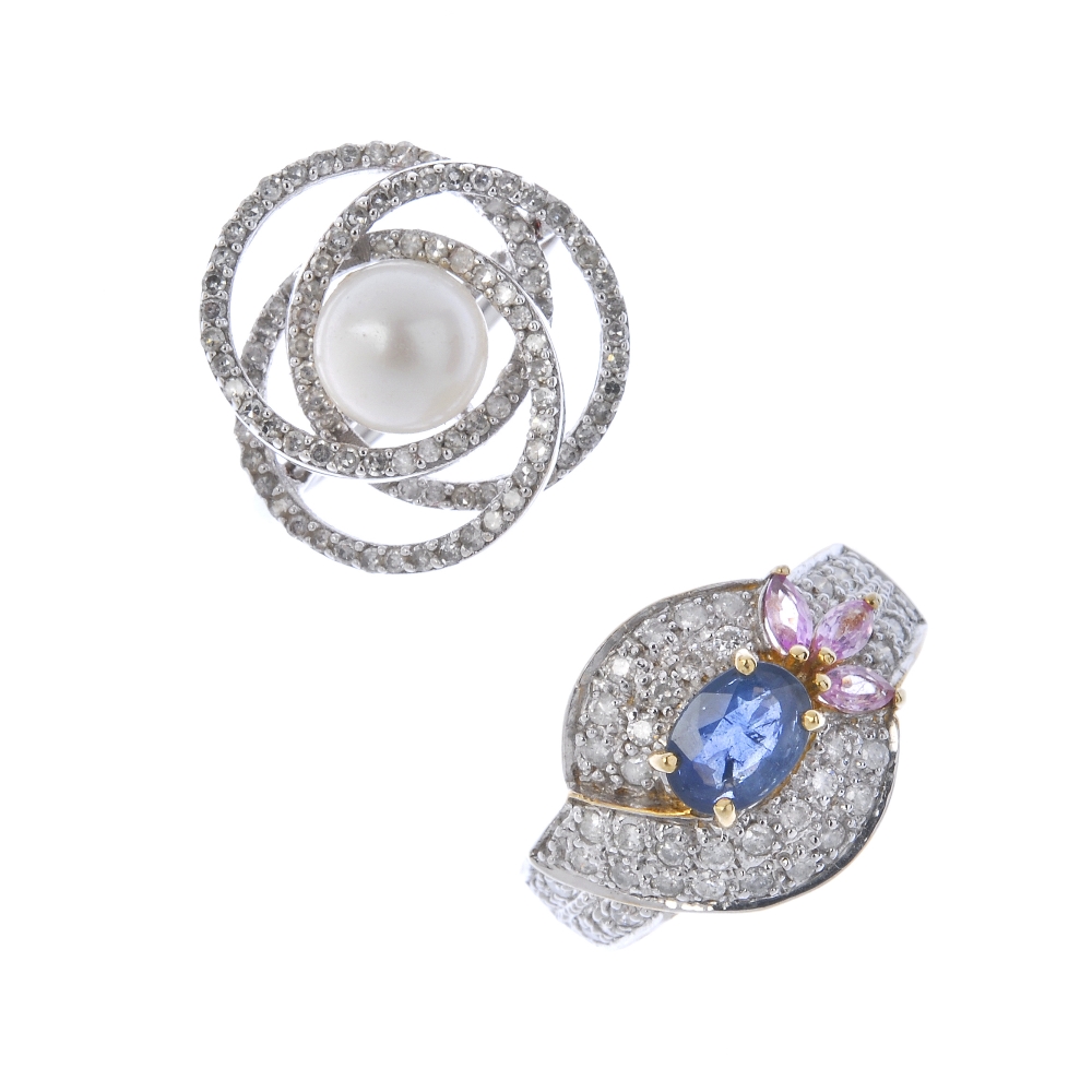 Two diamond and gem-set rings. The first designed as a 9ct gold oval-shape sapphire with pave-set