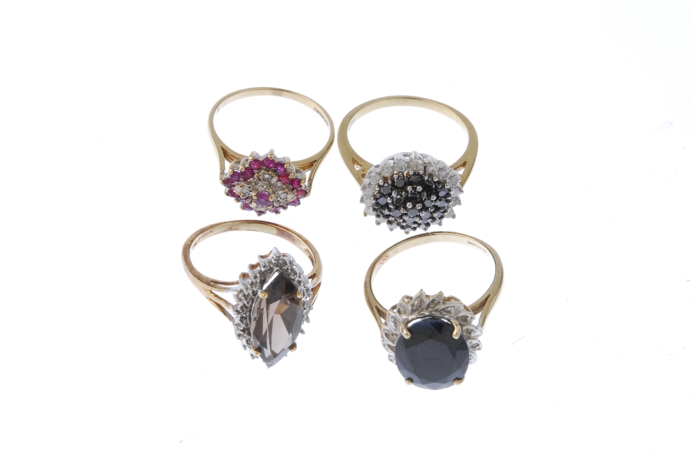 A selection of four 9ct gold diamond and gem-set rings. To include a marquise-shape smoky quartz and - Image 2 of 3