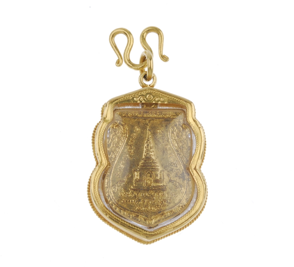 (541623-1-A) Two pendants and a necklace. Each pendant designed as a miniature idol, enclosed within - Image 4 of 5