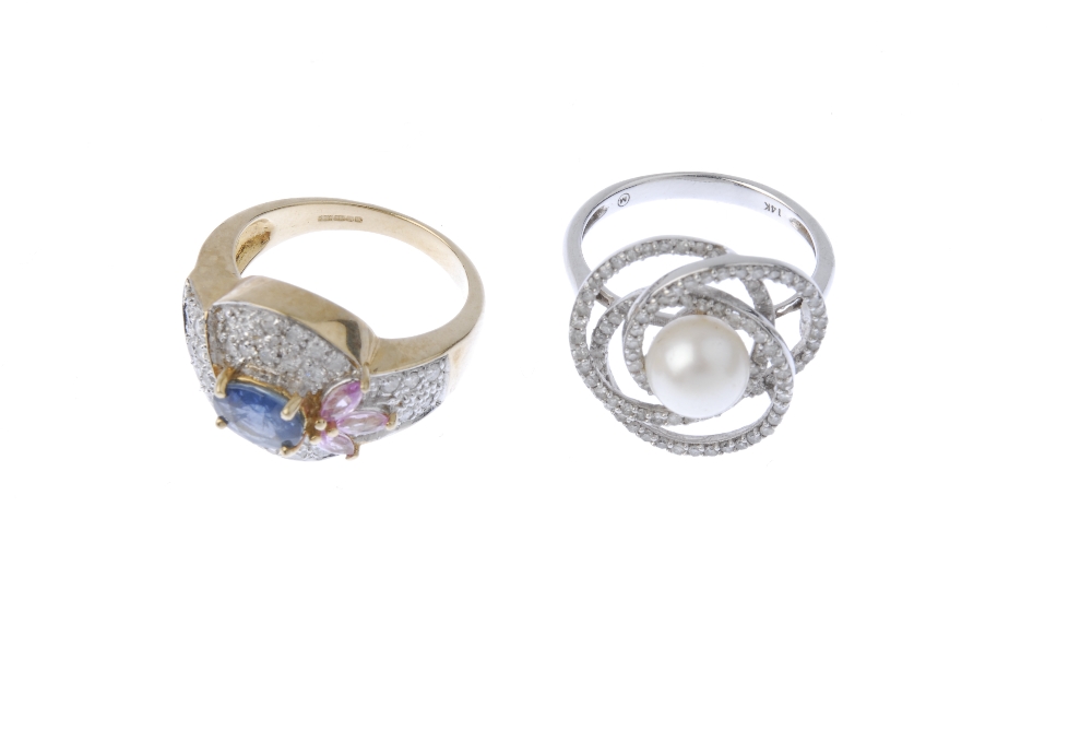 Two diamond and gem-set rings. The first designed as a 9ct gold oval-shape sapphire with pave-set - Image 2 of 3