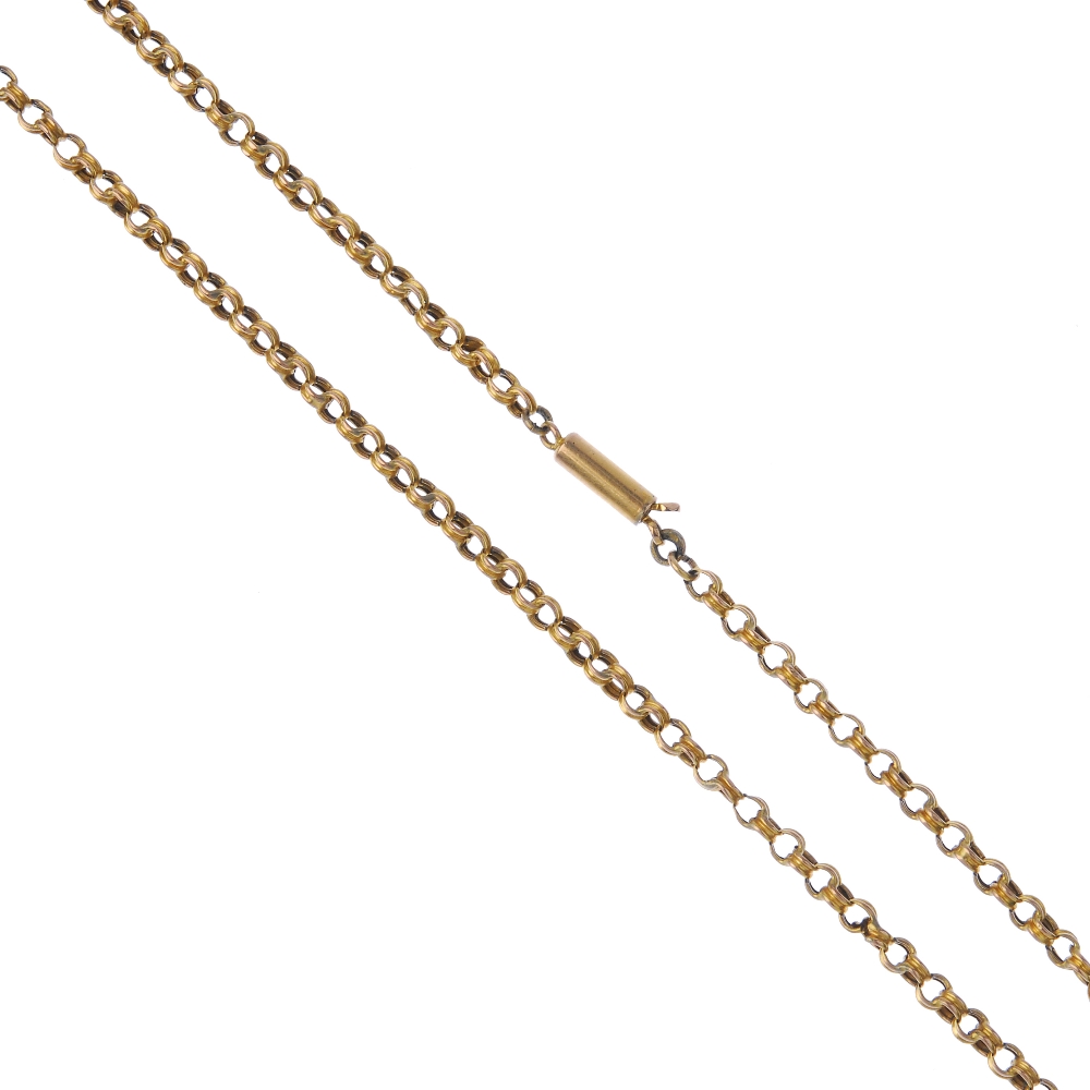 An early 20th century 9ct gold chain. The belcher-link chain, to the push-piece clasp. Length 48.