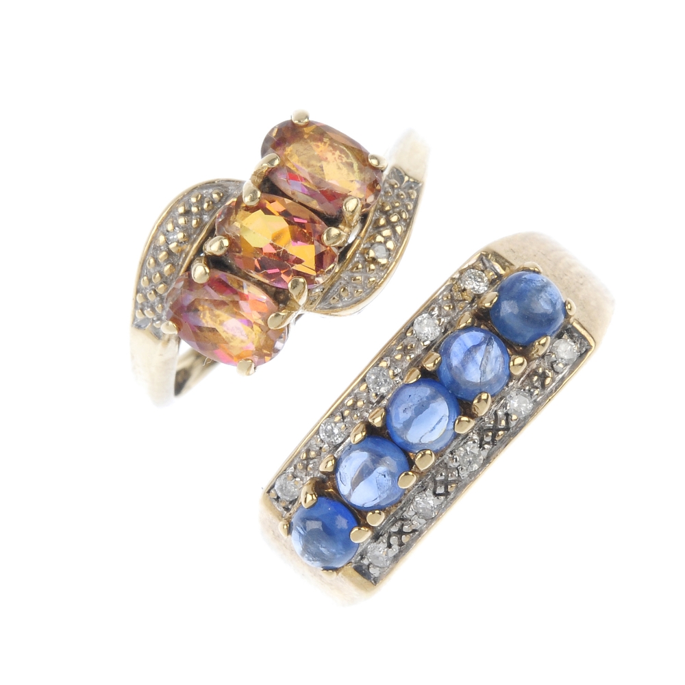 A selection of four diamond and gem-set rings. To include a sapphire cabochon and diamond ring, a