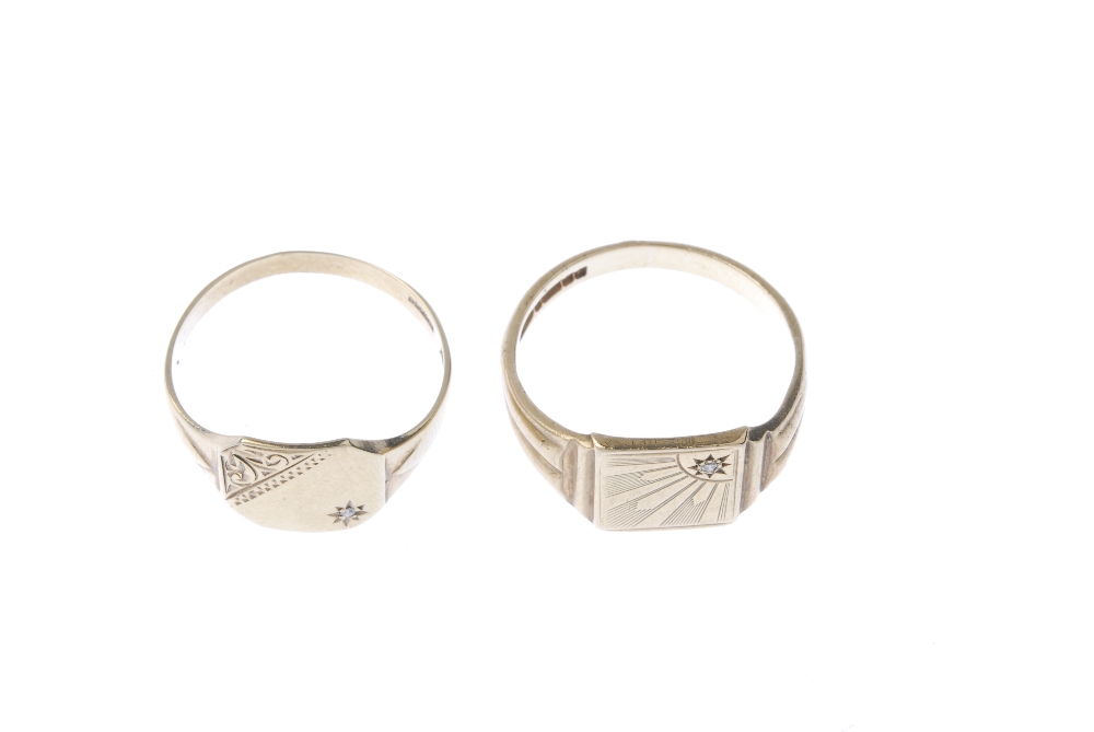 Two 9ct gold diamond signet rings. The first designed as rectangular panel, with spray engraving and - Image 2 of 4