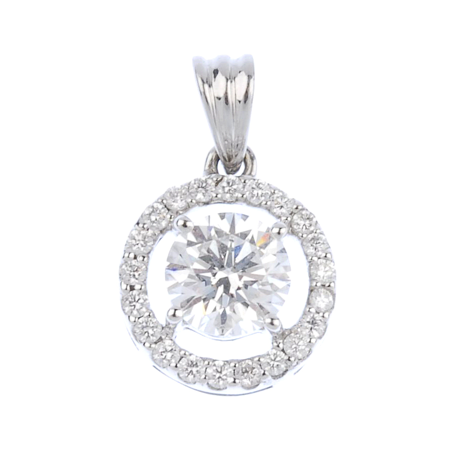 (539726-1-A) A diamond cluster pendant. The brilliant-cut diamond, weighing 1.10cts, within a