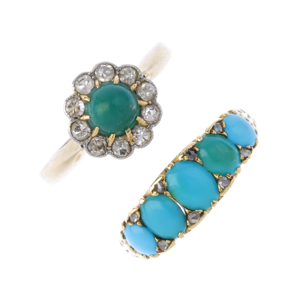 Two early 20th century 18ct gold turquoise and diamond rings. To include a circular turquoise and