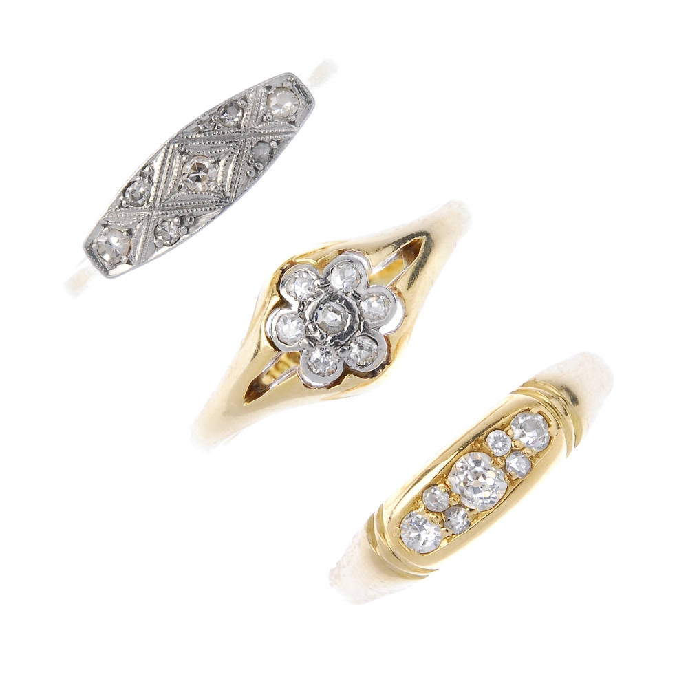 A selection of three early 20th century 18ct gold diamond rings. To include a single-cut diamond