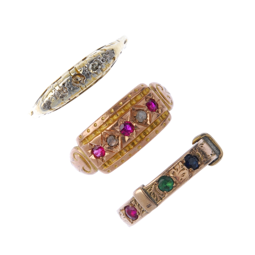 A selection of three early 20th century 9ct gold rings. To include an Edwardian ruby and diamond