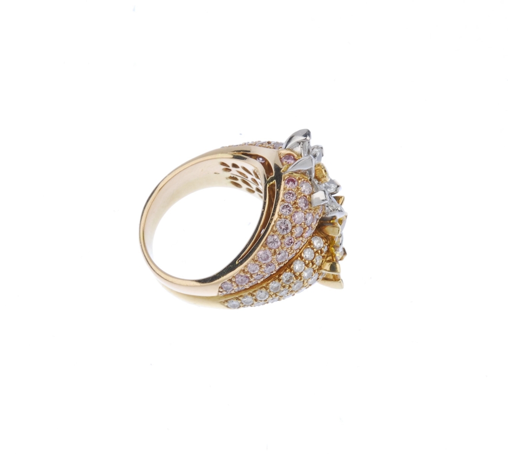 (542274-2-A) A diamond and coloured diamond floral dress ring. The pave-set 'pink' and near- - Image 4 of 4