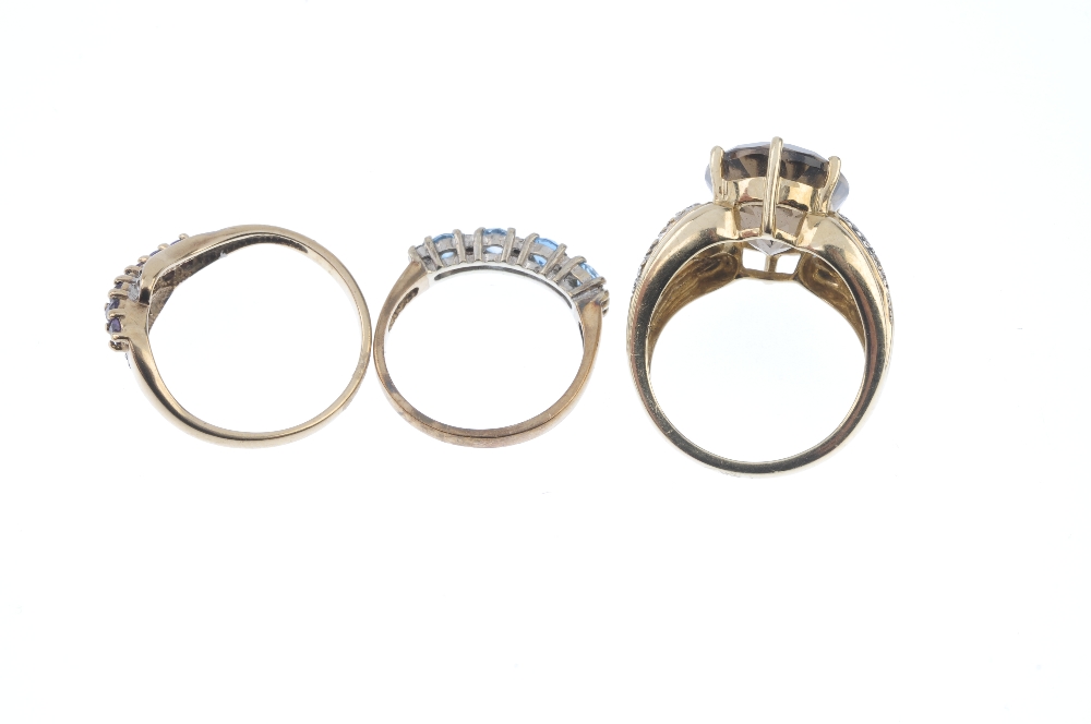 A selection of three 9ct gold diamond and gem-set dress rings. To include a smoky quartz single- - Image 4 of 4