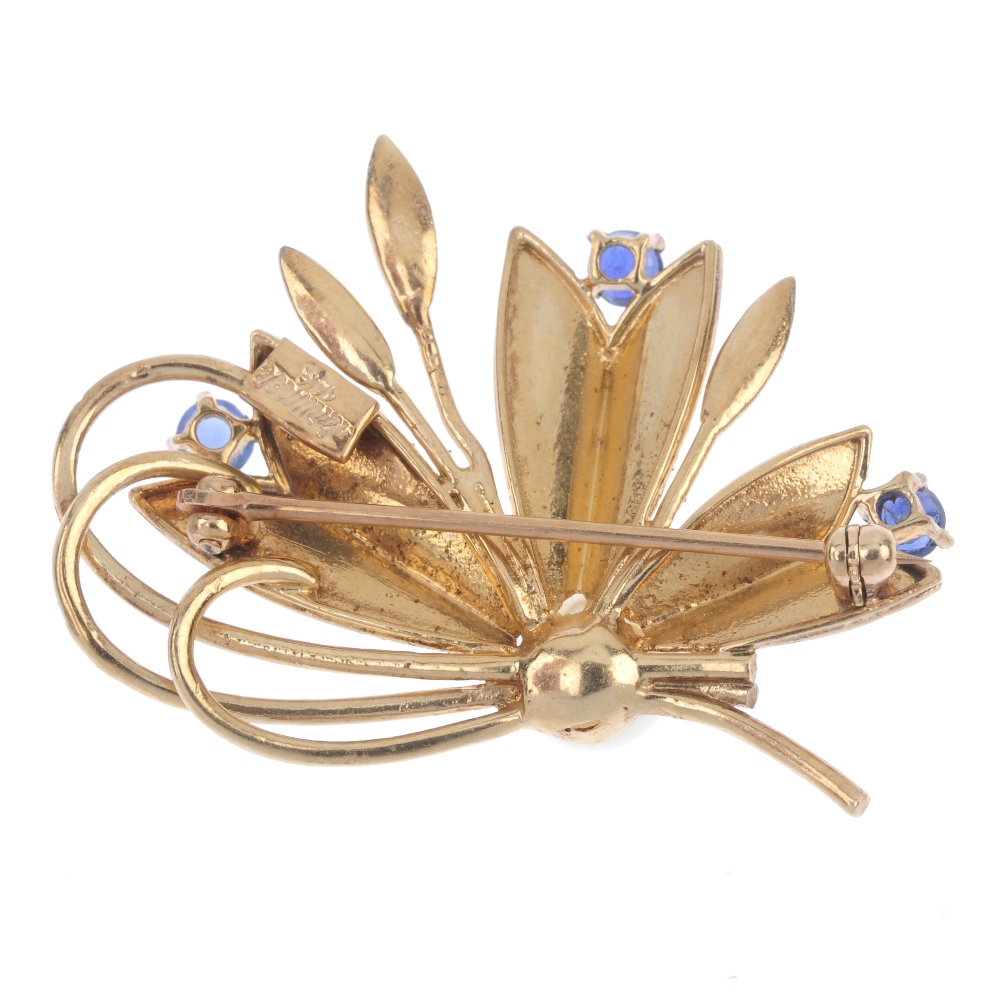 A cultured pearl and sapphire floral brooch. Designed as a stylised floral spray, with cultured - Image 2 of 2