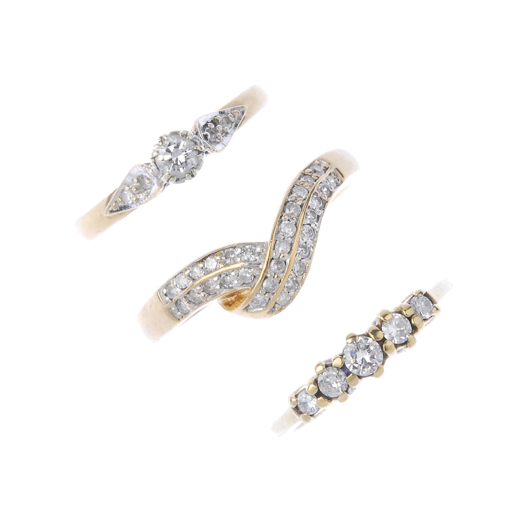 A selection of three 9ct gold diamond rings. To include a brilliant-cut diamond graduated five-stone