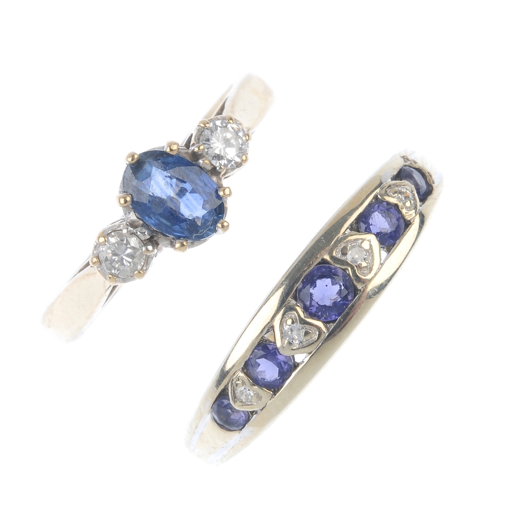 A selection of four diamond and gem-set rings. To include a 9ct gold oval-shape sapphire and