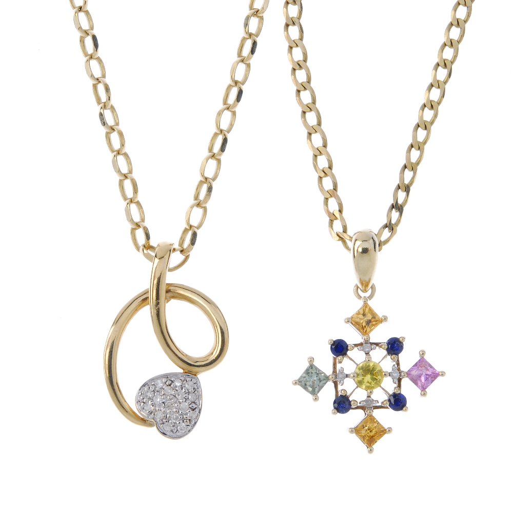 Two 9ct gold diamond and gem-set pendants. To include a single-cut diamond heart-shape panel and