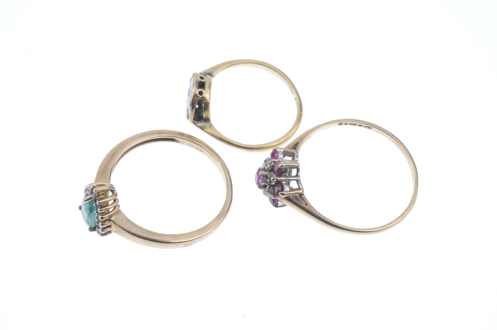 A selection of three diamond and gem-set rings. To include an emerald and diamond cluster ring, a - Image 3 of 4