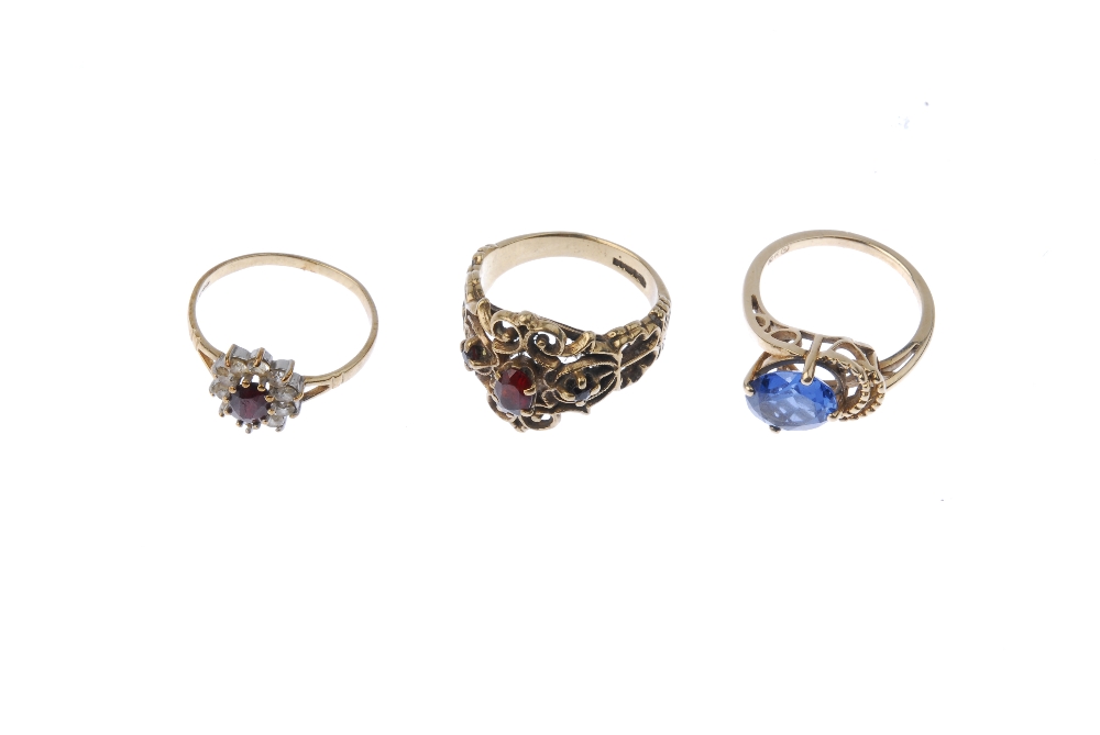 A selection of six gem-set dress rings. To include an oval-shape blue topaz ring, a 9ct gold - Image 2 of 3