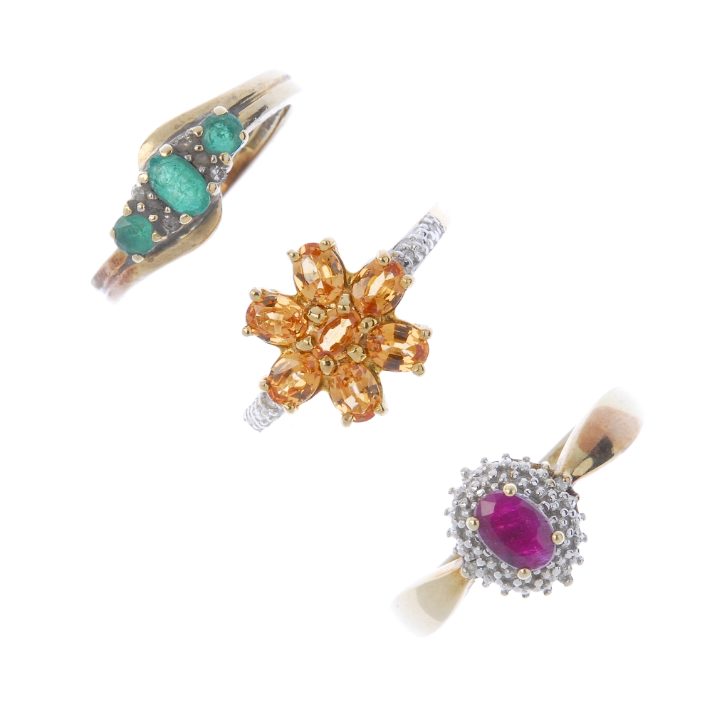 A selection of three 9ct gold diamond and gem-set rings. To include a ruby and diamond cluster ring,