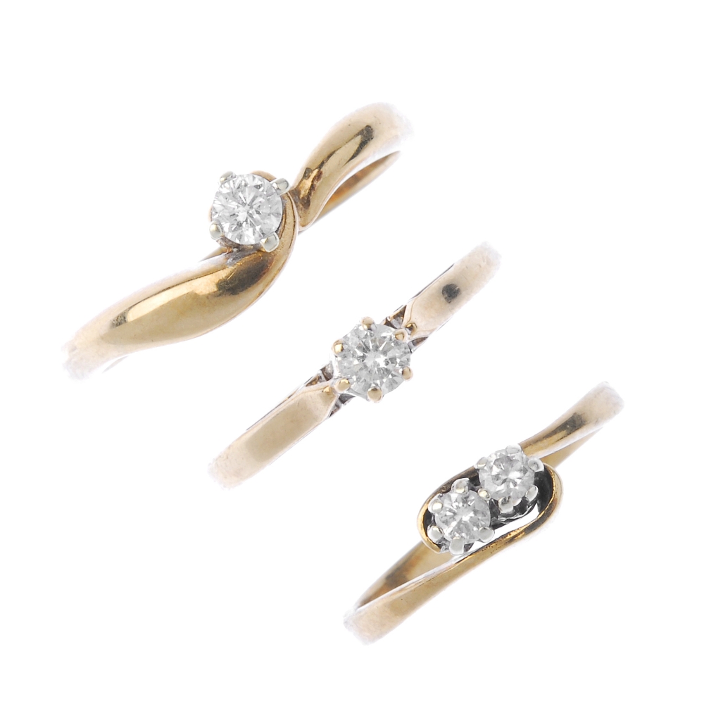 A selection of three 9ct gold diamond rings. To include a brilliant-cut diamond two-stone