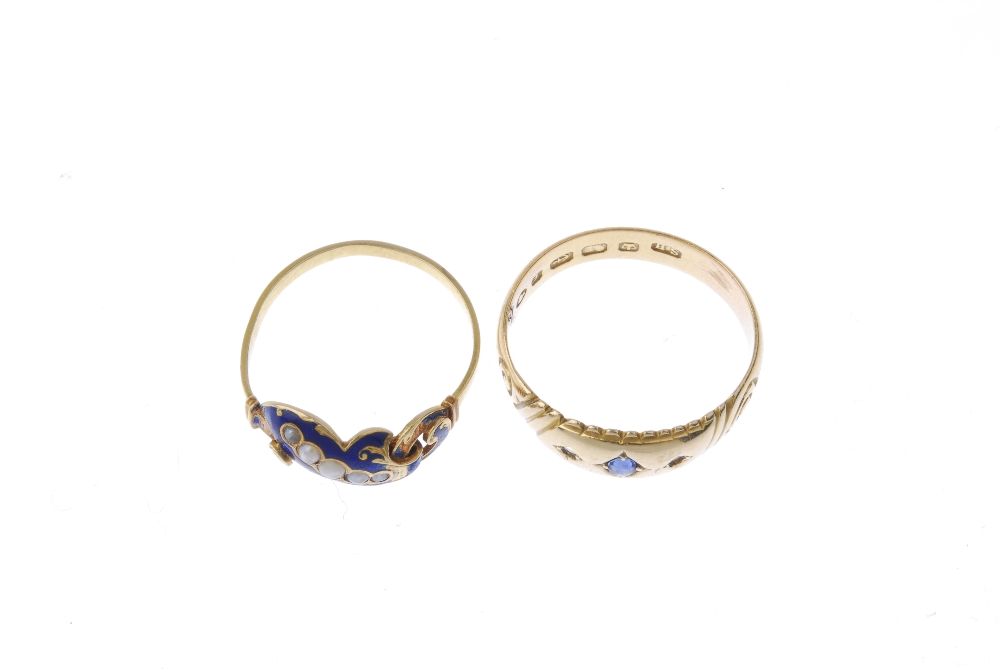 Two gem-set and enamel rings. To include a late 19th century 18ct gold sapphire dress ring, together - Image 2 of 4