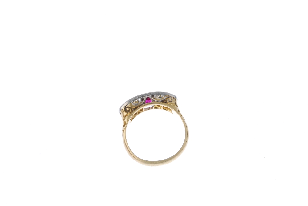 A mid 20th century 18ct gold synthetic ruby and diamond five-stone ring. The circular-shape - Image 4 of 4