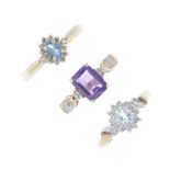 A selection of three 9ct gold diamond and gem-set rings. To include an amethyst ring with diamond