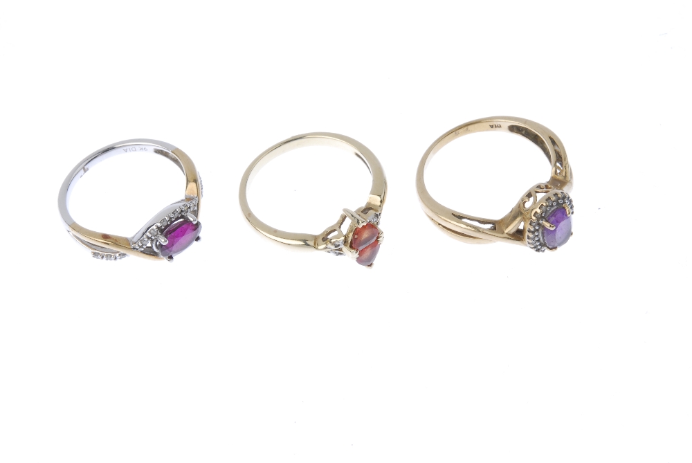 A selection of three diamond and gem-set rings. To include an amethyst and diamond cluster ring, - Image 3 of 4