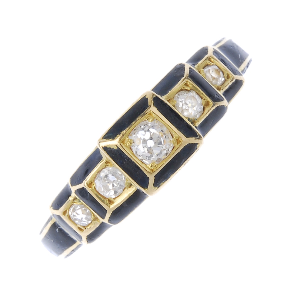 A late 19th century diamond and enamel mourning ring. The old-cut diamond within a square-shape