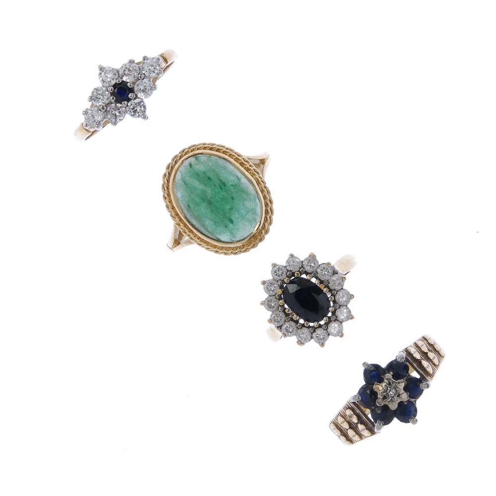 A selection of seven gem-set ring. To include an aventurine quartz cabochon ring, an oval-shape