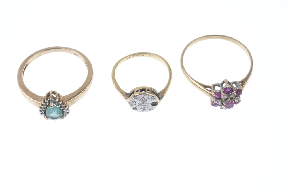 A selection of three diamond and gem-set rings. To include an emerald and diamond cluster ring, a - Image 2 of 4