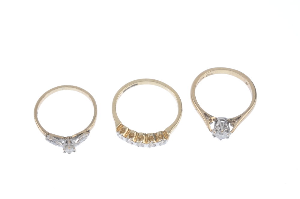 A selection of three 9ct gold diamond rings. To include a brilliant-cut diamond single-stone ring, a - Image 2 of 3