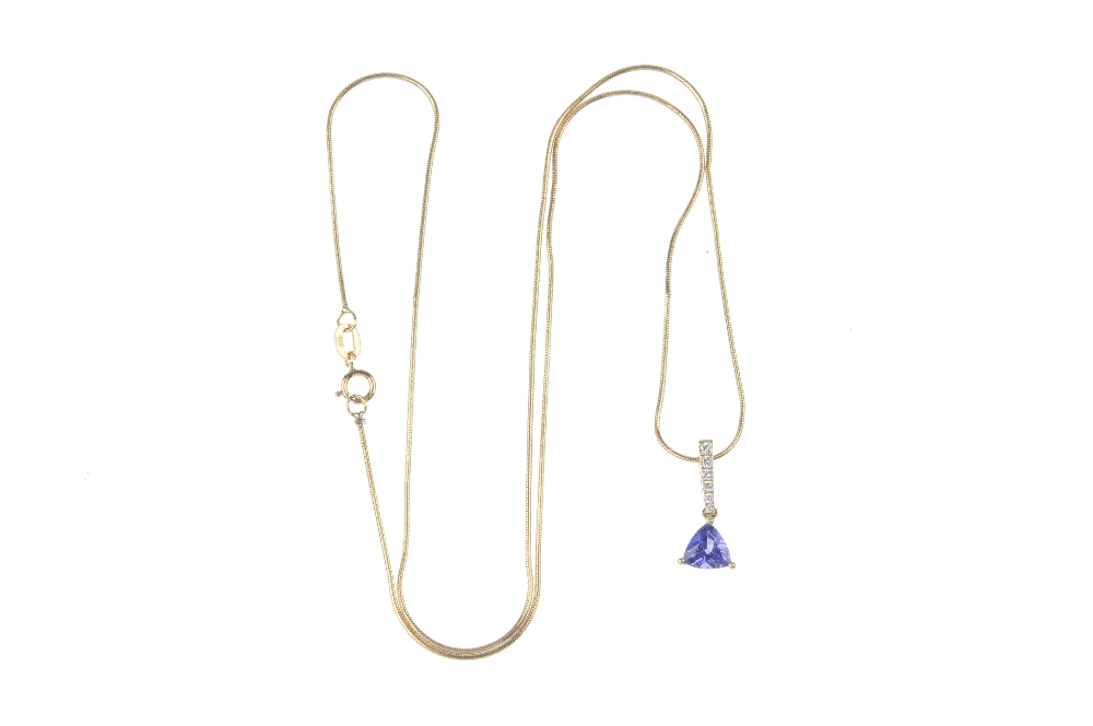 A tanzanite and diamond pendant. The triangular-shape tanzanite, to the graduated brilliant-cut - Image 2 of 2