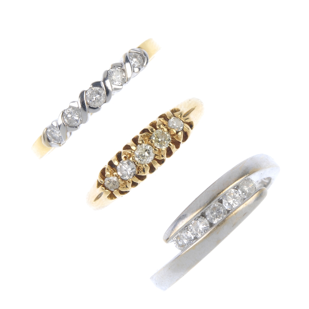 A selection of three 18ct gold diamond rings. To include a brilliant-cut diamond crossover ring, a