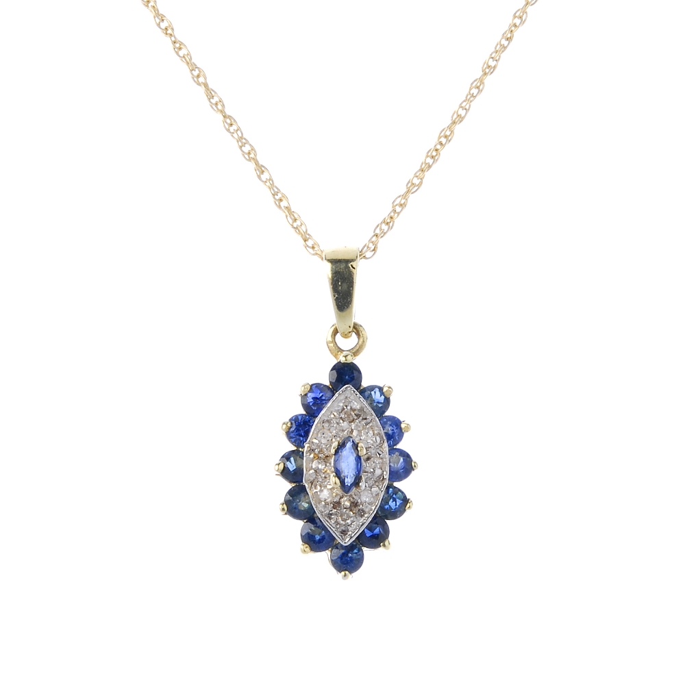 A sapphire and diamond pendant and ear stud set. The pendant designed as a marquise-shape