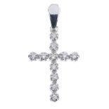 A diamond cross pendant and a fleur-de-lys pendant. The brilliant-cut diamond cross, suspended
