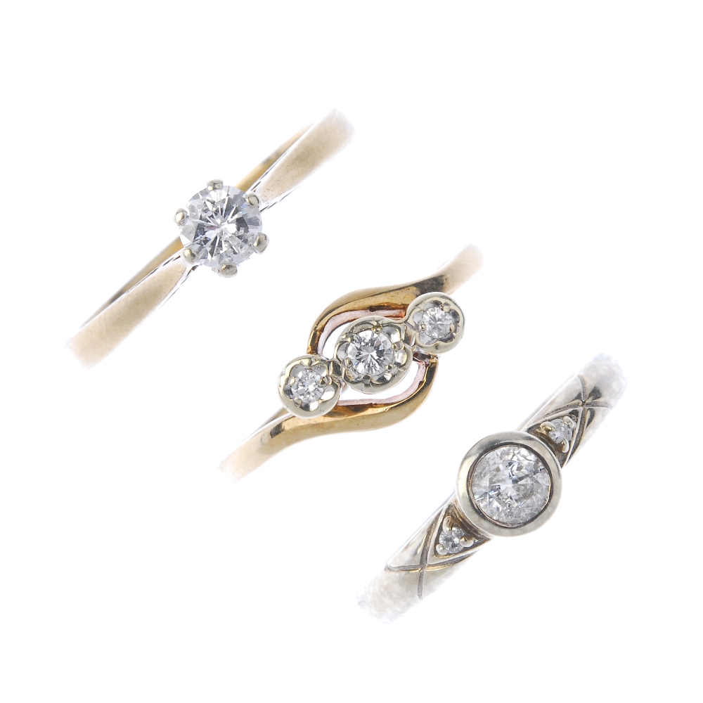 Three 9ct gold diamond rings. To include a brilliant-cut diamond single-stone ring, a brilliant-