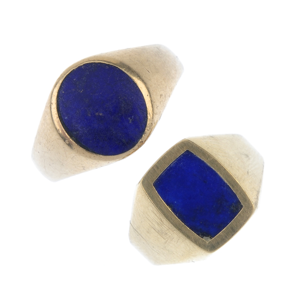 Two gentleman's 9ct gold lapis lazuli signet rings. Each designed as an oval or rectangular-shape