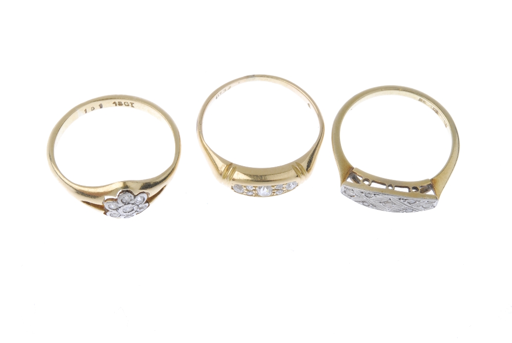 A selection of three early 20th century 18ct gold diamond rings. To include a single-cut diamond - Image 2 of 3